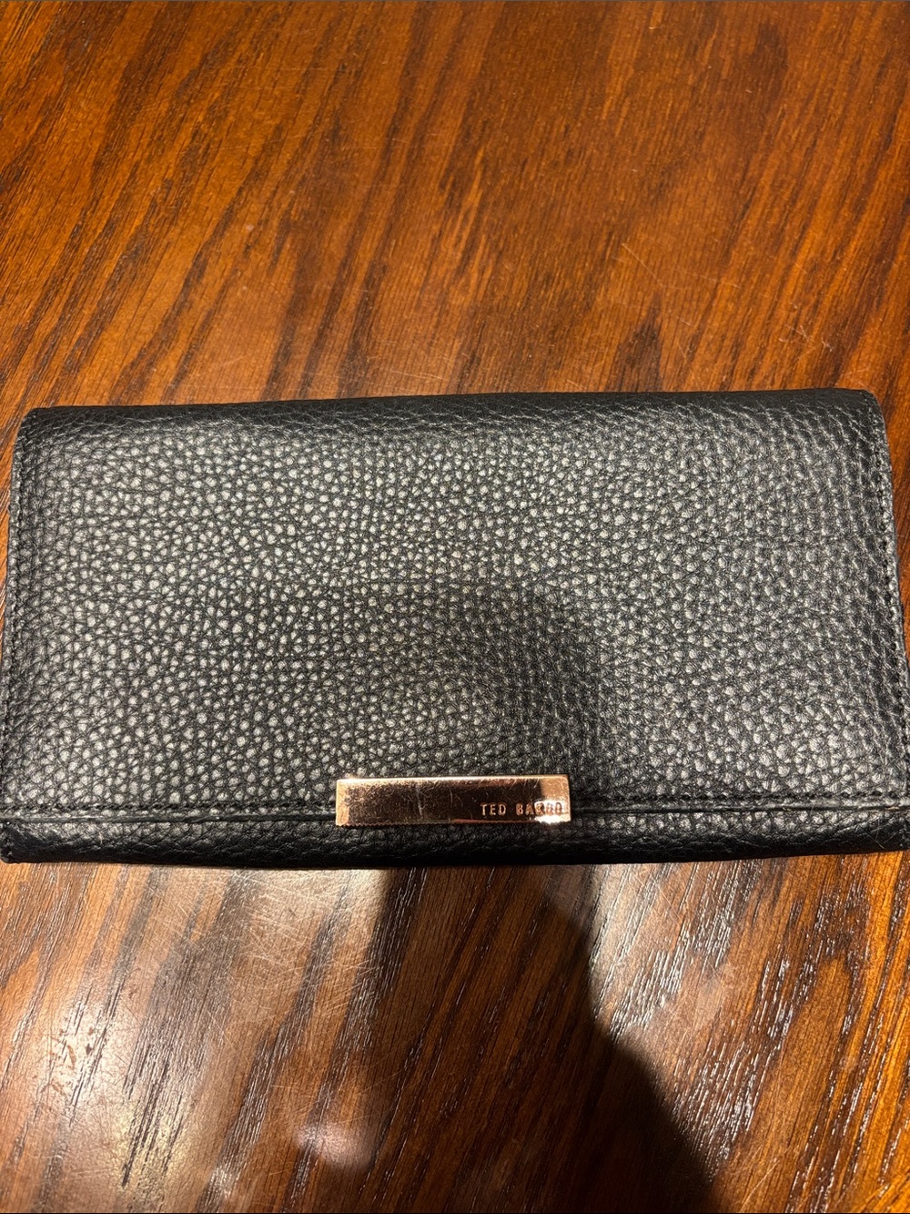 Ted Baker Black Pebbled Leather Continental Wallet with Rose Gold Plaque